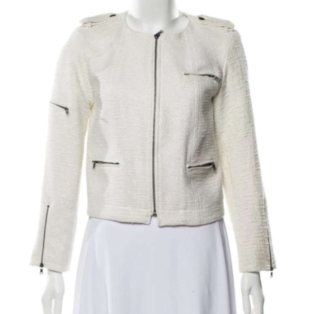 NWT alice & olivia Cam white tweed zipper biker moto jacket XS